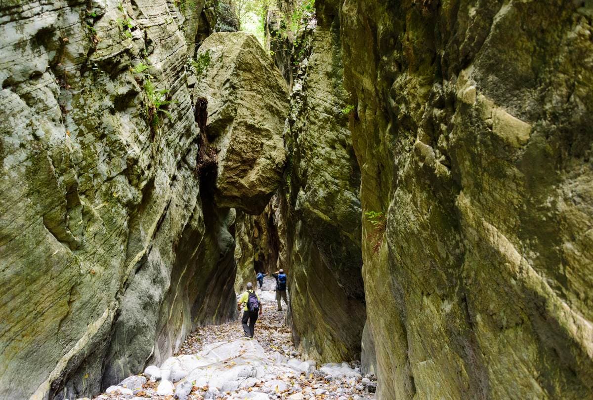 Guided hikers walking through the deep limestone canyon of Ridomo Gorge in the Mani peninsula