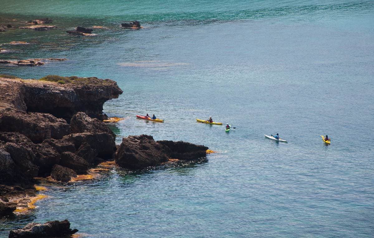 A line of kayakers paddling in single file along a rocky coastline with crystal clear water.