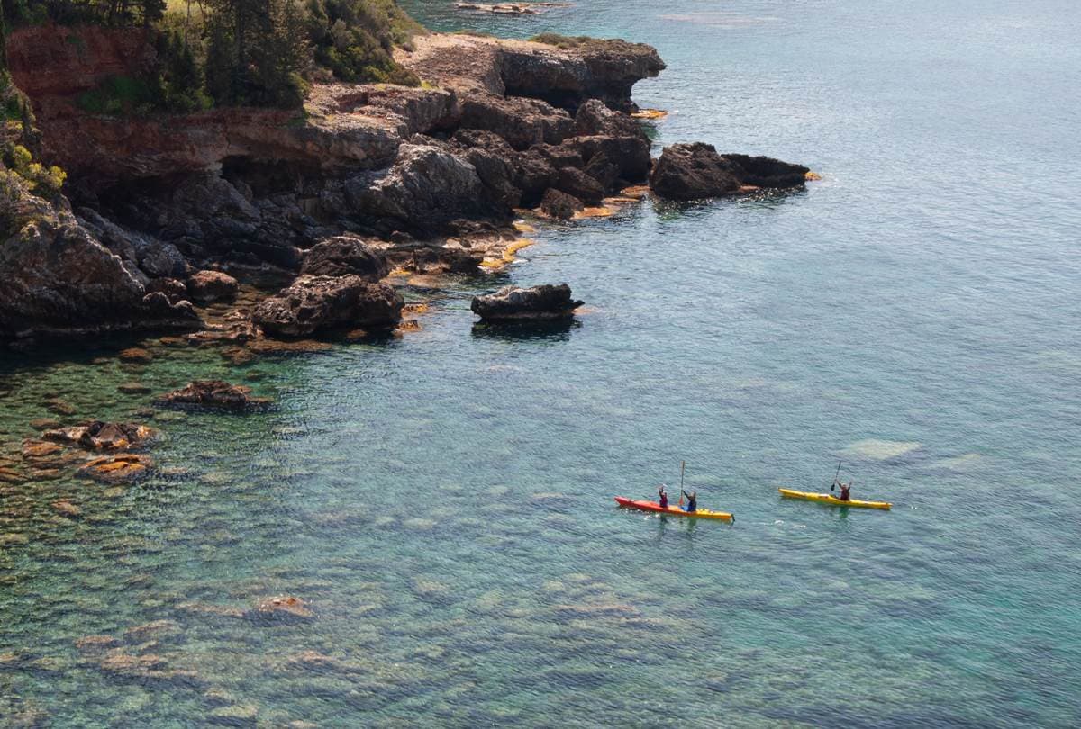 Four paddlers on a sea kayak Kardamyli adventure navigate near rugged cliffs and deep blue water.