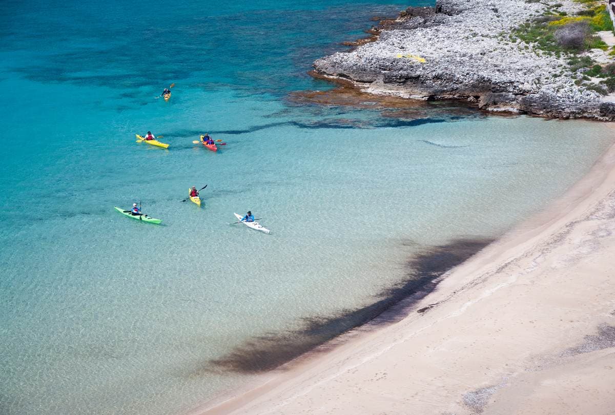 High-angle view of kayakers paddling near a pristine sandy beach in the Peloponnese.