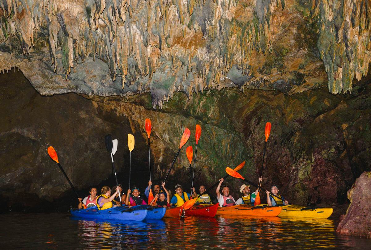 A group of kayakers raising their paddles together inside a stalactite-filled sea kayak Kardamyli cave.