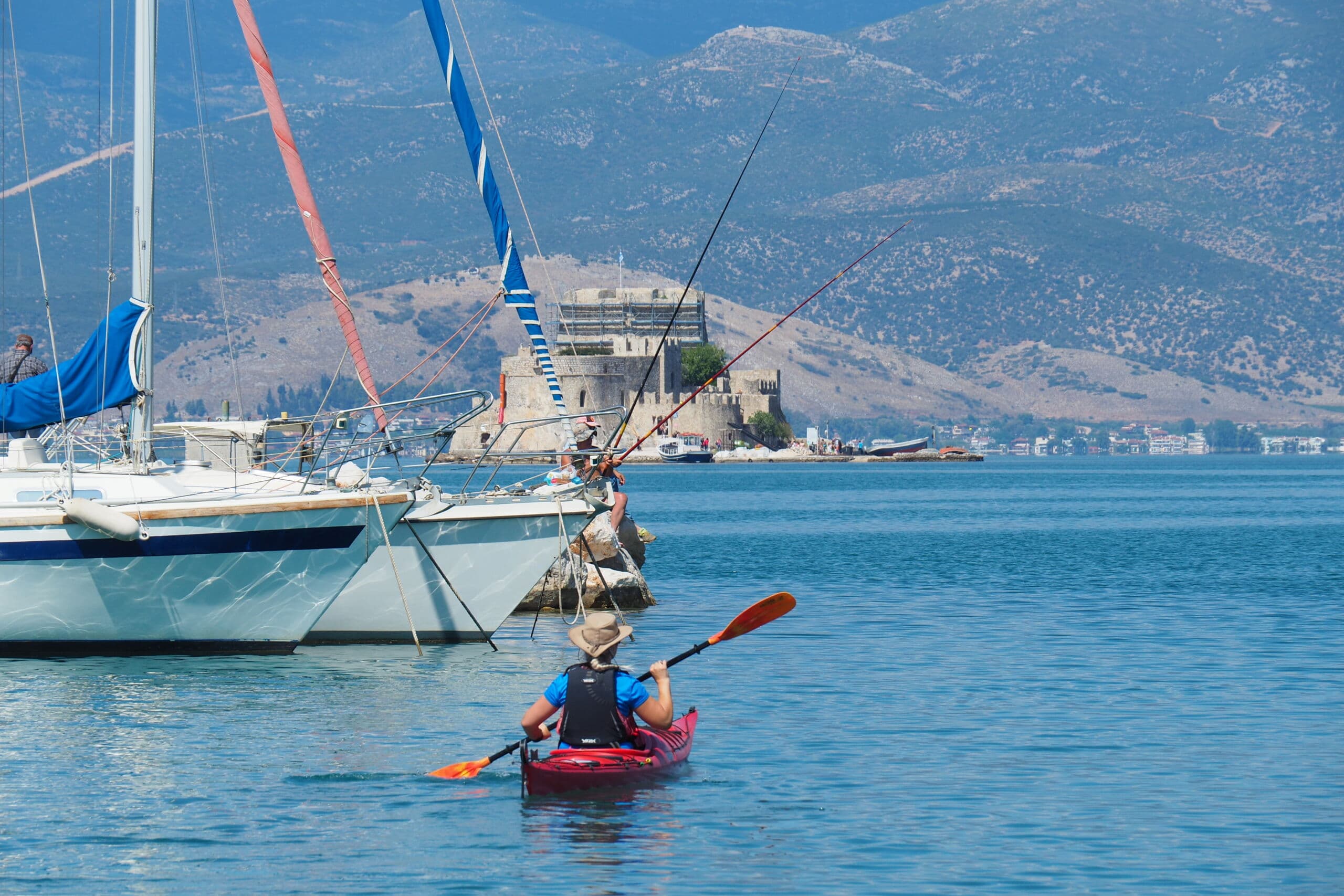 Paddler approaching the Bourtzi fortress islet during a Sea Kayaking Nafplio tour