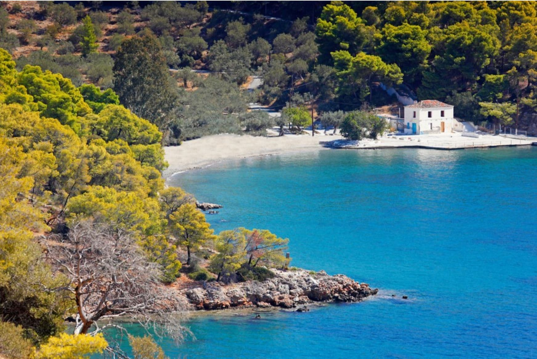Secluded sandy cove with a white house, pine-covered headland and clear blue sea at Poros