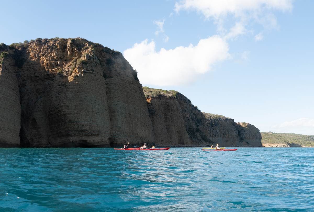 Group of colorful sea kayaks paddling beneath the towering cliffs of Sapienza