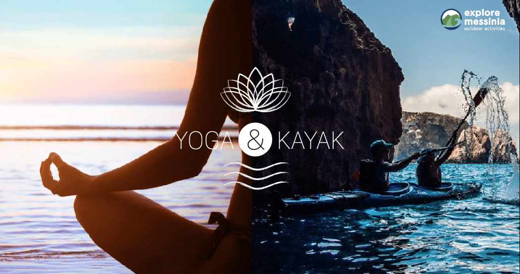 Yoga & Kayak banner with a person meditating cross-legged at sunset over the sea