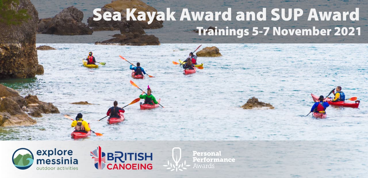 Group of sea kayakers paddling in a rocky cove; promo banner for Sea Kayak and SUP Award Trainings, 5-7 November 2021
