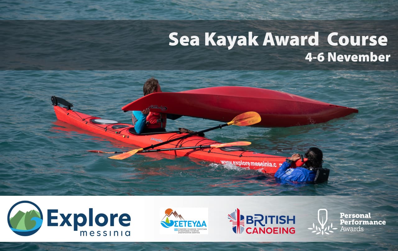 Sea kayak rescue practice at sea with an overturned red kayak; Sea Kayak Award Course banner, 4-6 November