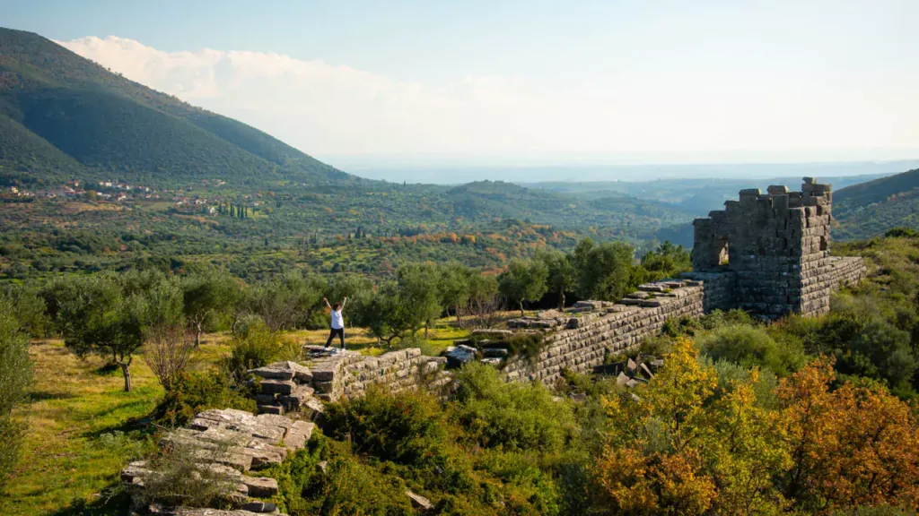 Explore Messinia-Ancient Messenie's defending walls with a view to the Messinan plains and gulf