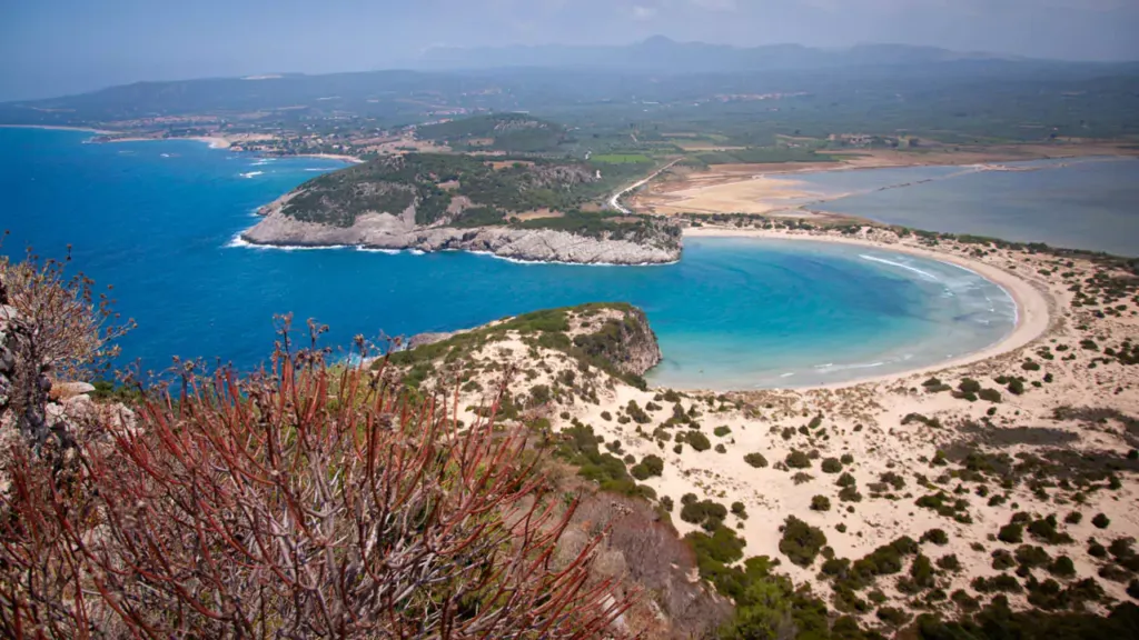 Explore Messinia- Overview of Voidokoilia beach from Old Navarino Castle